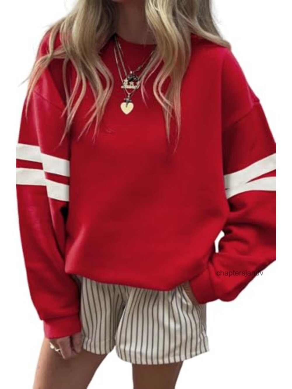 Oversized Striped Varsity Crewneck Sweatshirt Cotton Blend Pullover